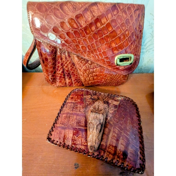 One Of A Kind Croc Purse And Wallet & Vintage Boar Bristle Brushes