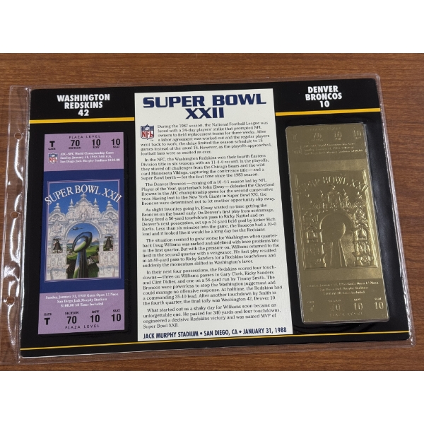 Authentic 1988 Super Bowl XXII NFL Football Ticket & 24K Gold Plated Ticket - Mint Condition