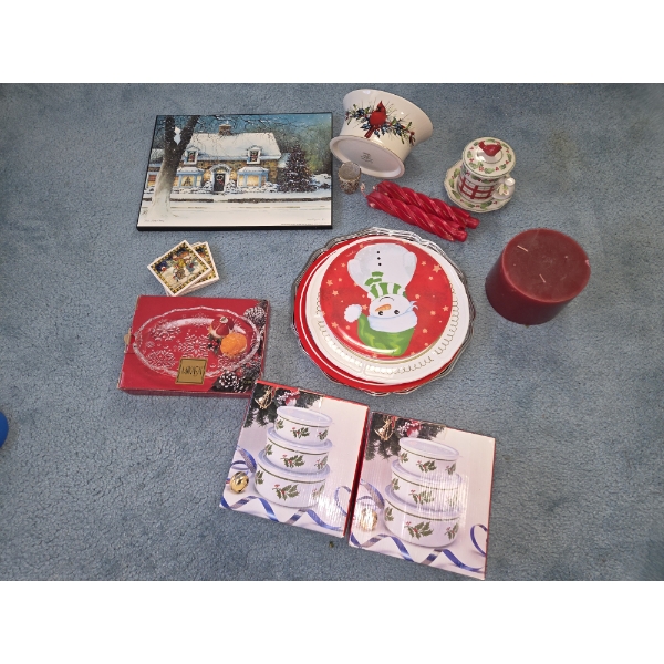 PICKUP IN CANTON - Large Collection Of Christmas Items Including Candles, New Bowl Sets, Coasters