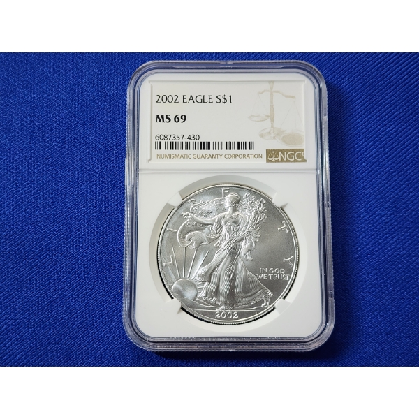 2002 $1 American Siver Eagle 1 oz Fine Silver Graded by NGC MS 69