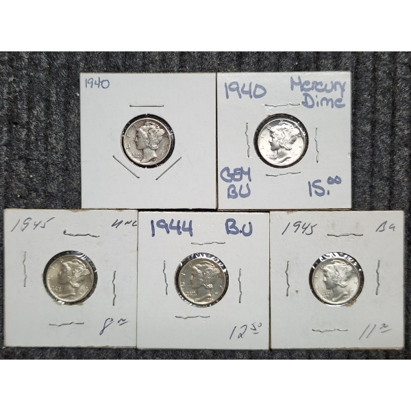 Five Assorted 90% Silver United States Mercury Dimes ~ $0.50 Face Value ~ ALL IN GREAT CONDITION!