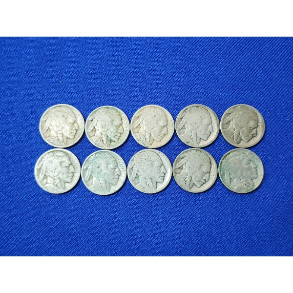 Lot of 10 Assorted United States Buffalo Nickels, Assorted Years FV: $0.50