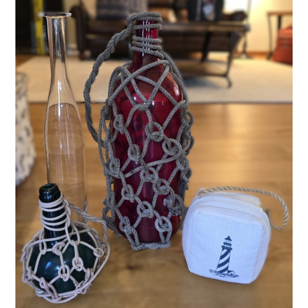 3 Glass Bottles in Rope Hangers, Lighthouse Door Stop and Tall Vase 19"