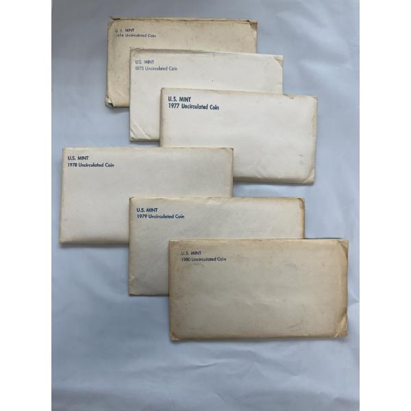 Five Assorted U.S. Mint Proof Sets 1974-1980 Including Uncirculated Coin - Great Condition