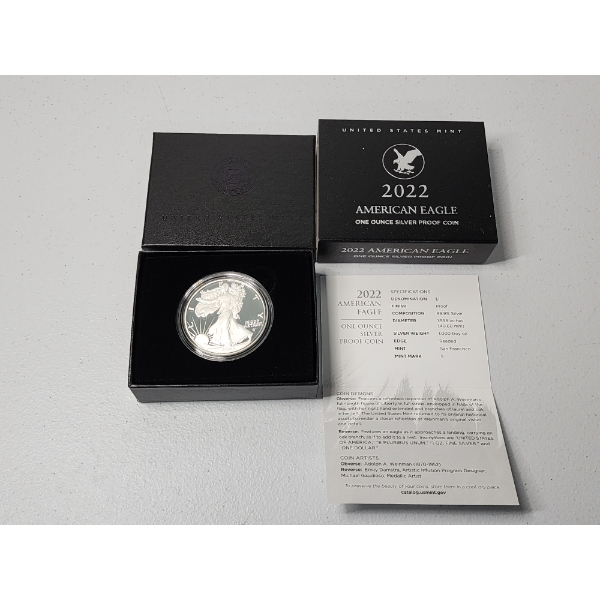 2022-S American Silver Eagle - 1 Troy oz .999 Fine Silver Proof Coin with Box & CoA