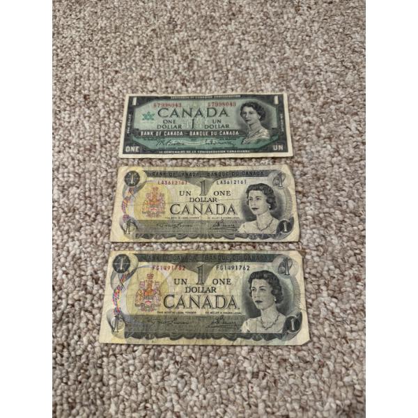 3 - Vintage Canadian $1.00 Bills - 1967 Note - In Great Condition