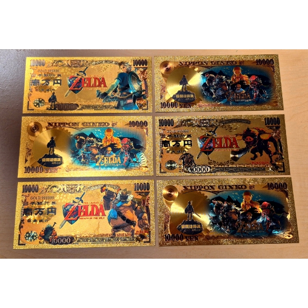 6 Pc Set Pure 24k .999 Gold Foil "LEGEND OF ZELDA"  Nippon Ginko Bank Notes - Each In Mint Condition