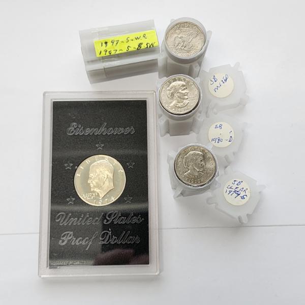 U.S. Coin Lot! 40% Silver Eisenhower Proof Dollar & 4 Tubes of $25.00 SBA Dollar Coins / TFV: $106.0
