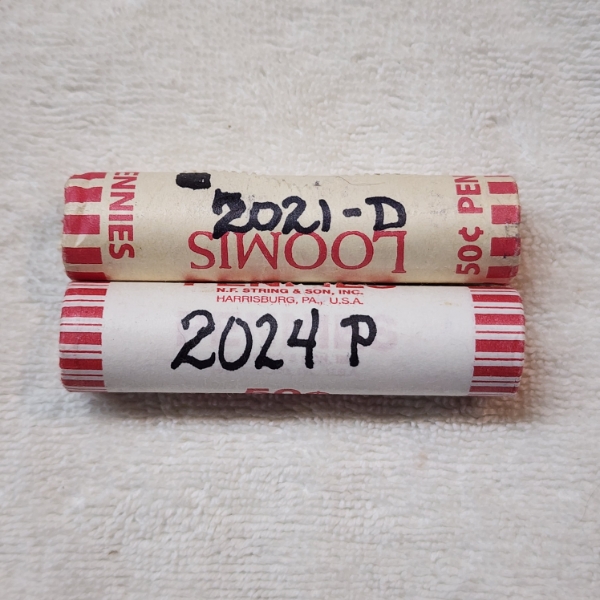 $1.00 Face Value in Rolled United States Pennies ~ Labeled 2021-D & 2024-P ~ APPEAR IN AU CONDITION!
