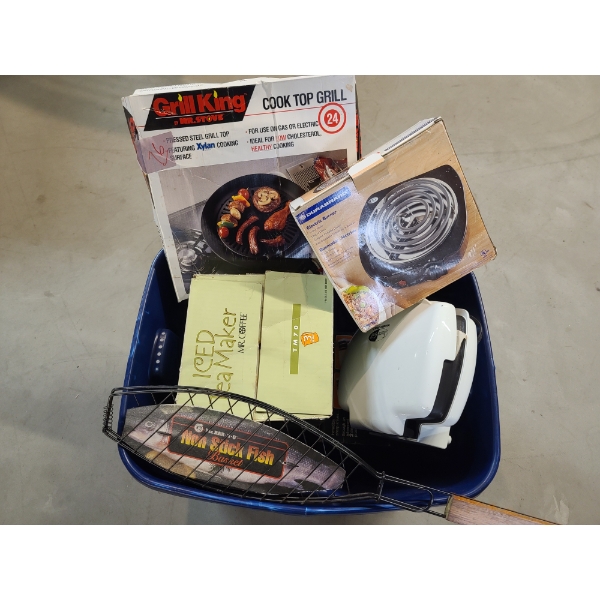 Tote Full of Like New/In Box Small Kitchen or Camping Appliances - Iced Tea Maker, Burner & More!