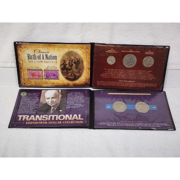 Two U.S. Coin Folio Displays Featuring Birth of a Nation Coin & Stamp Set With Transitional Ike Set!