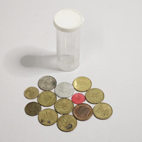 Collection of Vintage Exonumia Tokens and an Archival Plastic Storage Tube