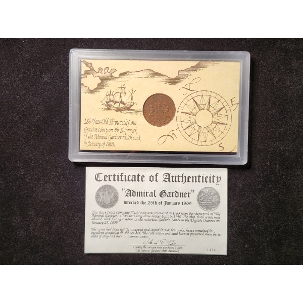 Genuine Shipwreck Coin from Admiral Gardner Shipwreck in 1806 - In Display W/ Certificate