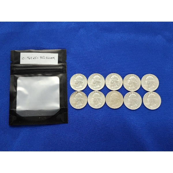 (10) 1964 90% Silver Washington Quarters FV: $2.50