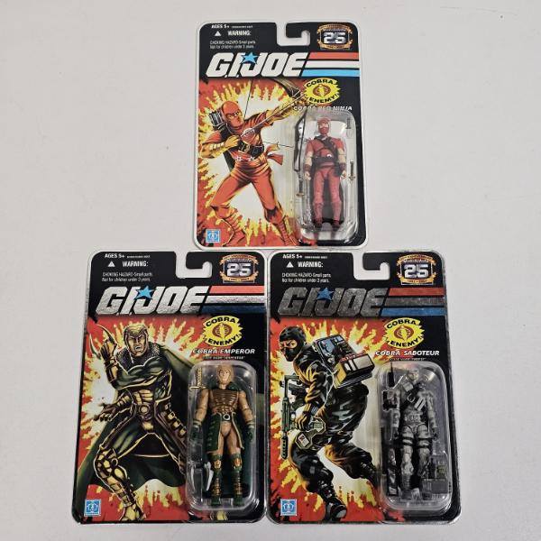 Three Hasbro G.I. Joe Action Figures Featuring Cobra Red Ninja, Serpentor, And Firefly