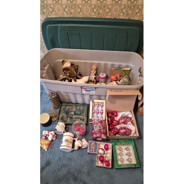 PICKUP IN CANTON -  HUGE SELECTION OF ASSORTED HOLIDAY CHRISTMAS DECOR ITEMS IN TUB WITH LID 