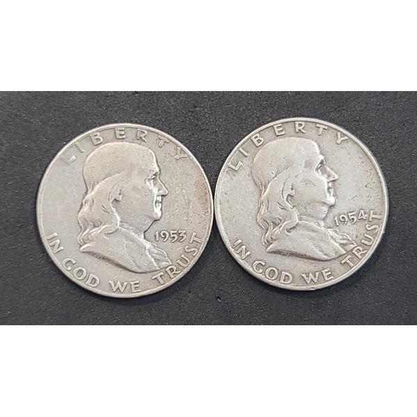 United States 1953-D & 1954-D 90% Silver Franklin Half Dollars - Face Value: $1.00