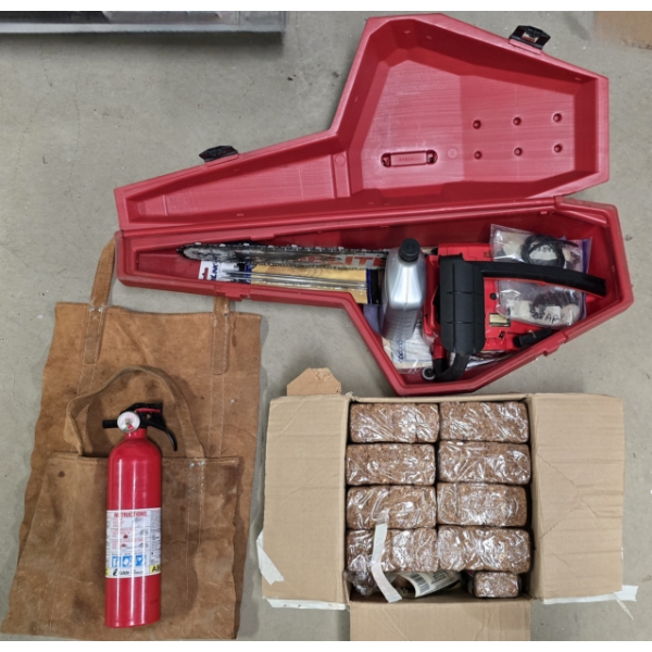 Gas Powered Chainsaw with Firestarter Logs, Leather Wood Carrier, Fir Extinguisher and More