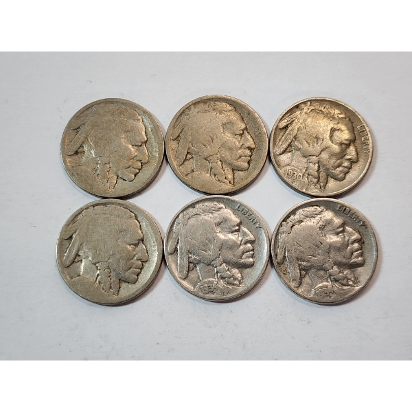 Six Assorted Years U.S. Buffalo Nickels Face Value: $0.30