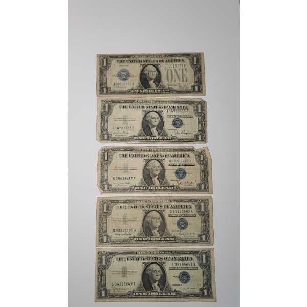 1928 B, 1935 D, 1957 B $1 Silver Certificate Bank Notes - Face Value: $5.00