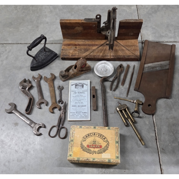 Vintage Collectables Including Wrenches, Clothes Iron, Veggie Slicing Board & More