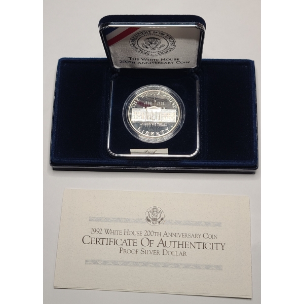 1992-W U.S White House 200th Anniversary Proof 90% Silver Dollar In Original Box With COA