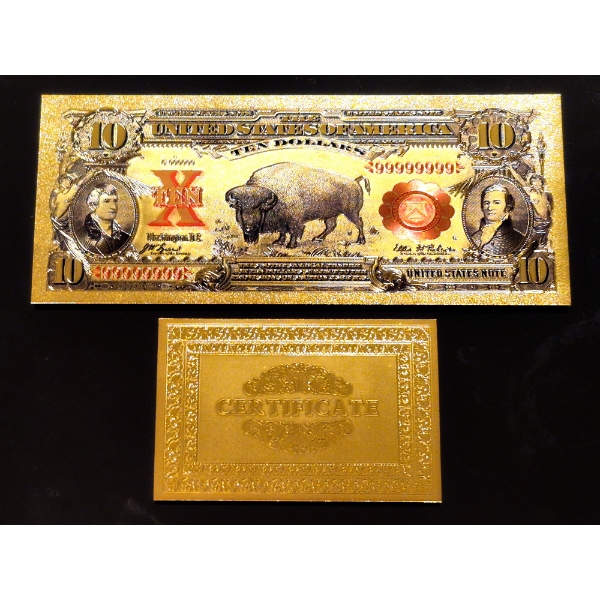 2 Pcs  U. S. Historic 1901 Large Note Pure 24k .999 Replica Gold Foil $10 BISON Buffalo Legal Tender
