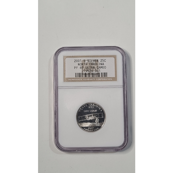 NGC 2001-S PF 69 ULTRA CAMEO 90% Silver North Carolina State Quarter