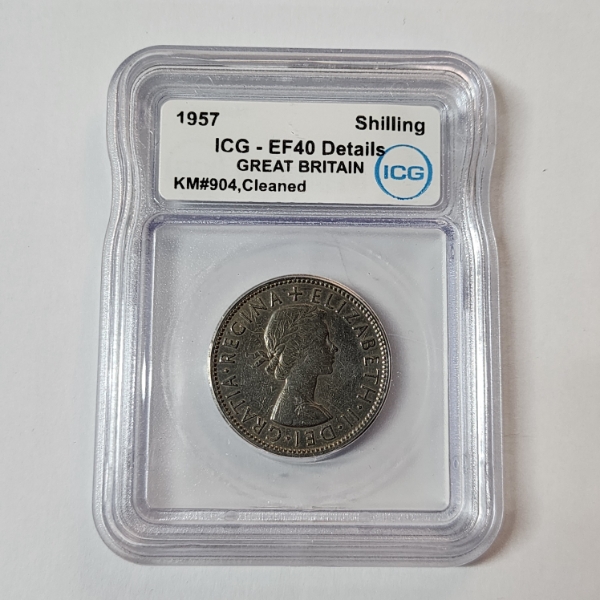 1957 Great Britain Schilling, Cleaned - ICG EF40 Details 