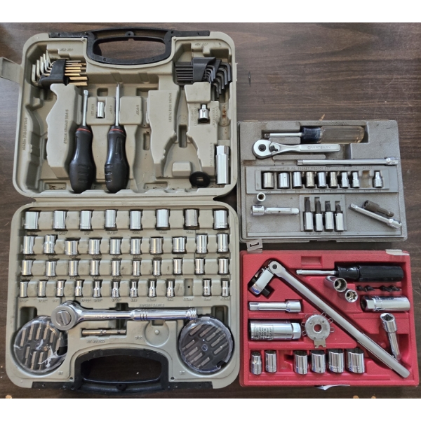3 Near Complete Socket Sets Incl Adjustable Head Ratchet- Total or 6 Pieces Missing