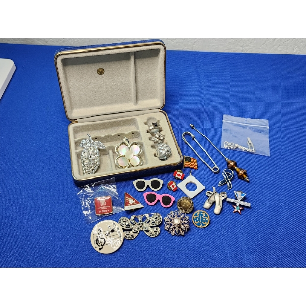 Lot of Assorted Fashion Pins and Rings - in Included Jewelry Box