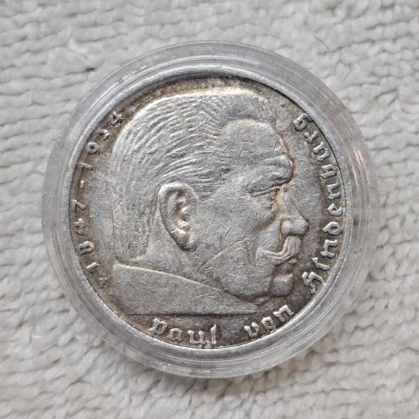 1935 Germany 5 Reichsmark Paul Von Hindenburg 90% Silver Coin - 0.4016oz ASW