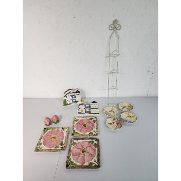Lot of Assorted Decorative Porcelain Items & Plate Display: Napkin Holder, Art Plates, S&P Shakers