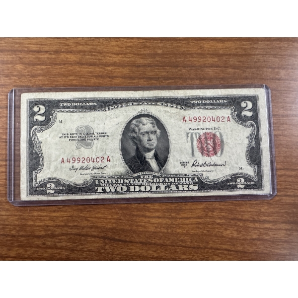 953 United States Thomas Jefferson $2.00 Bill In Protective Holder - Authentic Bill