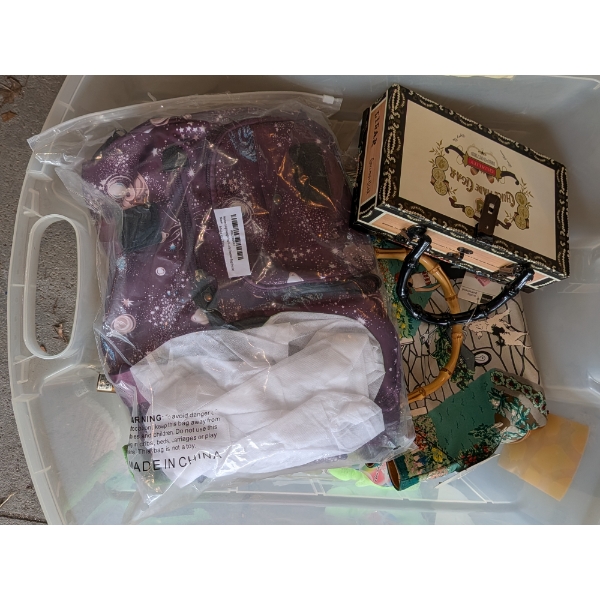 Purses, Bags, Drummer Lamp, Crock, Umbrellas, and More
