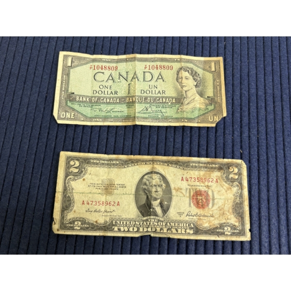 1954 Canadian One Dollar Bill ft. Queen Elizabeth & Series 1953 U.S. Two-dollar legal tender note