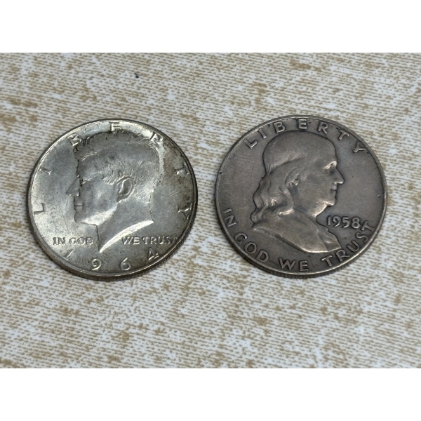 1958 Franklin Half Dollar & 1964 Kennedy Half Dollar - 90% Silver - FV $1.00