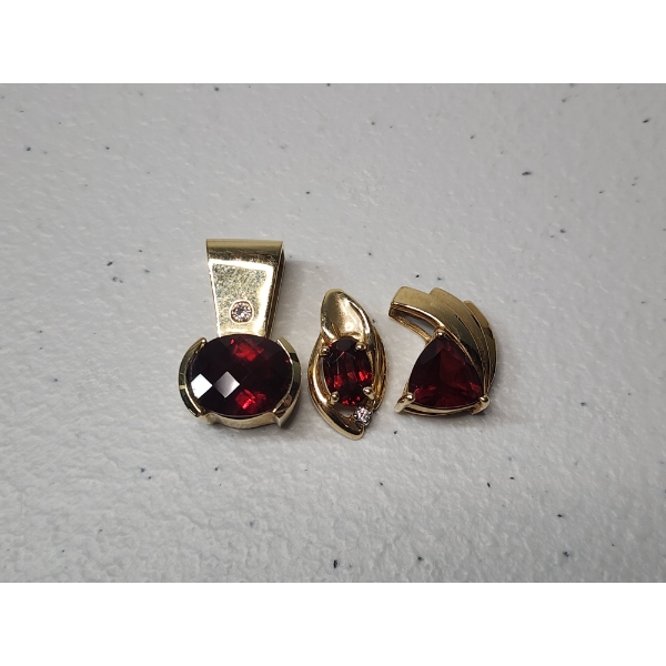 3 - 14K Yellow Gold Pendants with Deep Red Garnets and Diamond Accents - TW: 10.4g