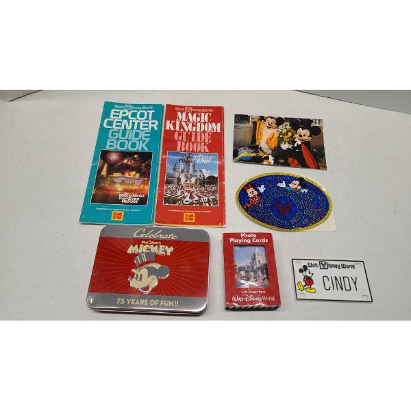Assorted Disney Collectibles Including Playing Card Sets, Postcard, Epcot Guide Books & More