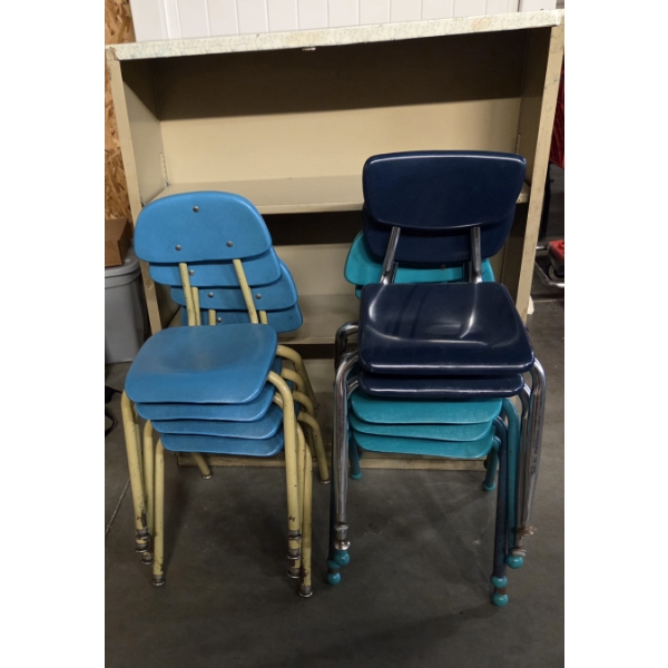 Nine 22'' Childrens Chairs And 35''x13''x41'' Metal Bookshelf In Great Condition!
