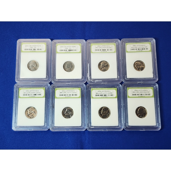 x8 INB Jefferson Nickels Including Early and Brilliant Uncirculated, Assorted Years
