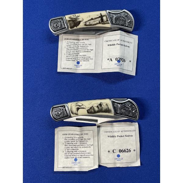 (2) Folding Stainless Steel Collectors' Knives: Moose Pocket Knife & Bald Eagle Pocket Knife 