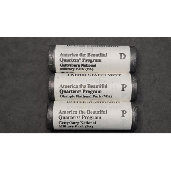 (3) SEALED $10 Rolls Of Uncirculated 2011 America The Beautiful Quarter Program Quarters - PA & WA