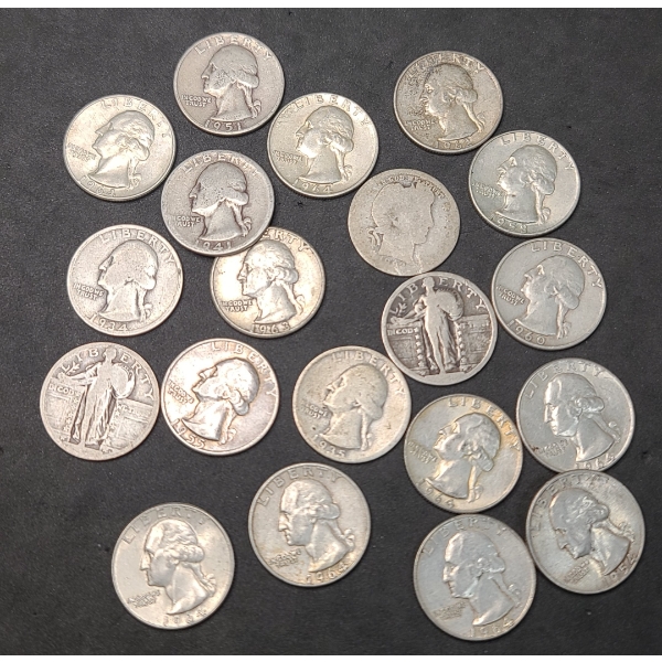 Assorted Years/Mints 90% Silver Barber, Standing Liberty & Washington Quarters - Face Value: $5.00