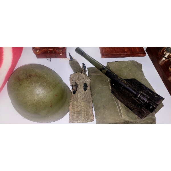 U S Military LOT - WWII / Vietnam M1 Helmet, Duffle Bag, Pouch & Shovel