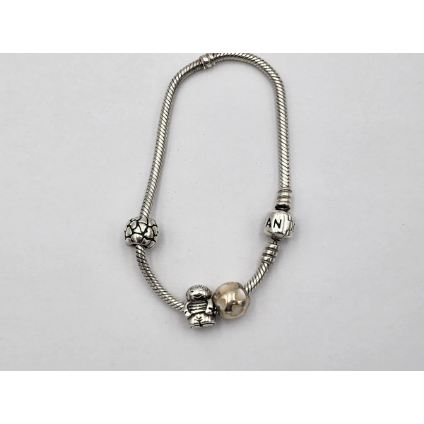 Sterling Silver Pandora Charm Bracelet With 3 Unique Charms - Total Weight: 26.2g