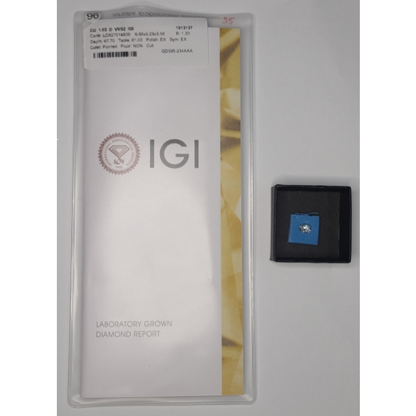 IGI Laboratory Grown Loose 1.03 Carat Cushion Modified Brilliant Diamond With Paperwork