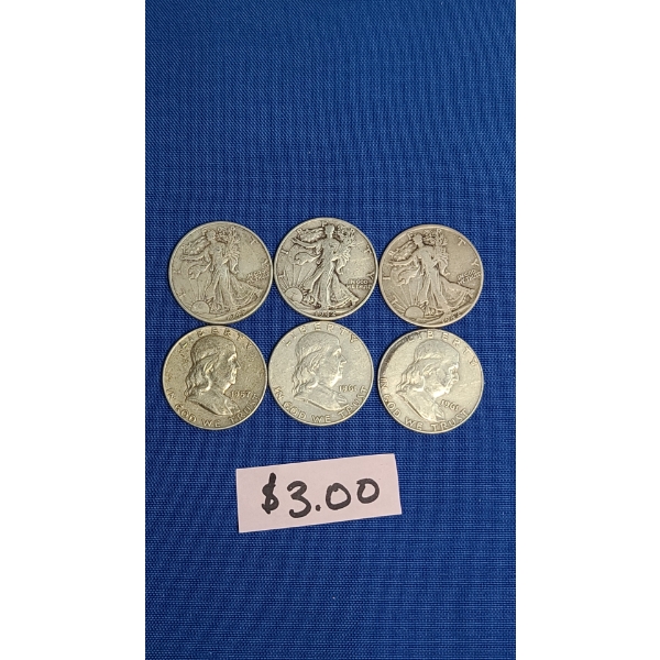 Assorted Years Franklin/Walking Liberty Half Dollars - Face Value: $3.00