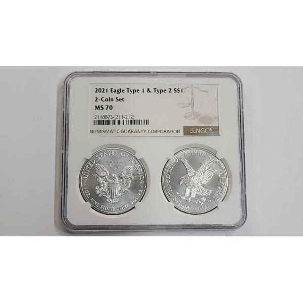 NGC 2021 MS 70 1 Troy Ounce .999 Fine Silver U.S American Eagle 2-Coin Set - Type 1 & Type 2