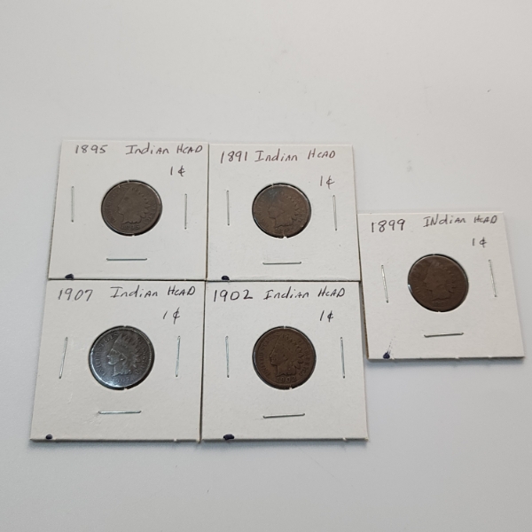 Five Assorted Years United States Indian Head Cents 